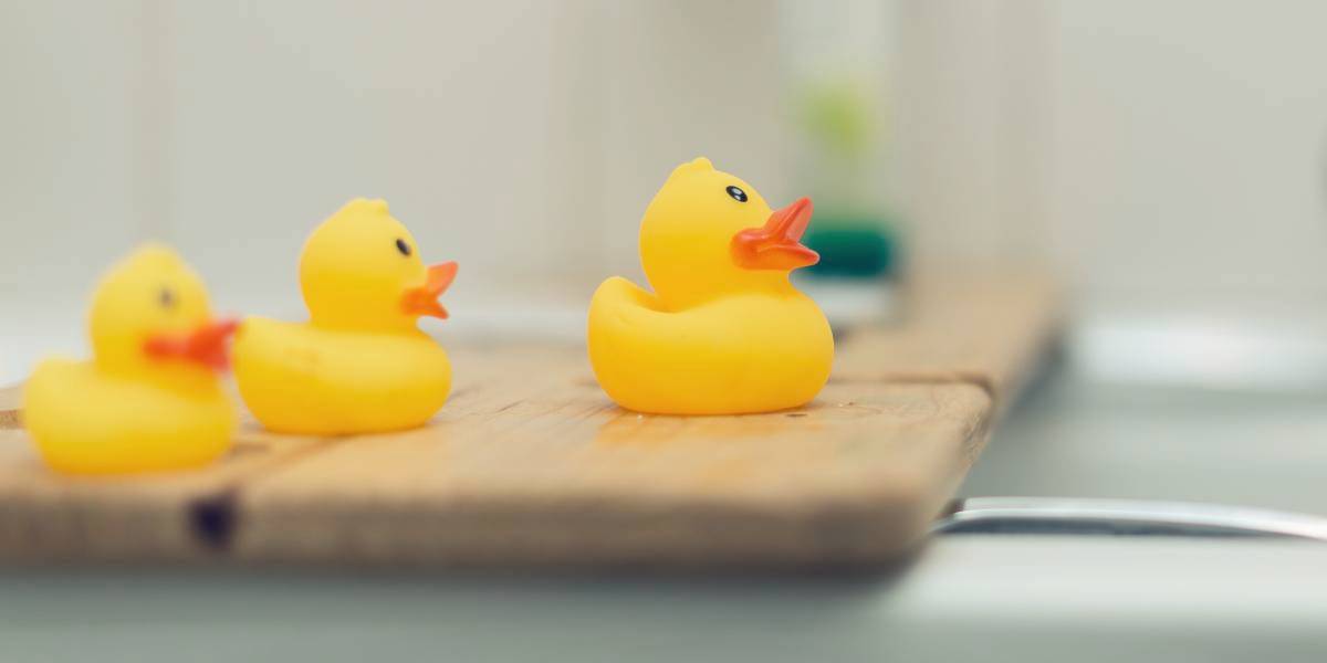 Enten auf einem Brett auf der Badewanne